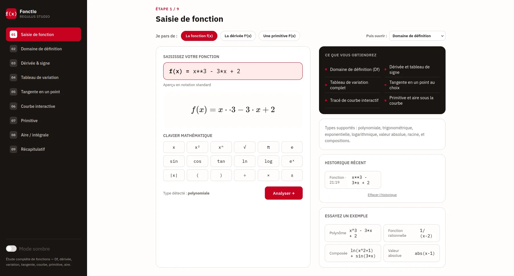 Interface du prototype d'analyse mathématique Fonctio